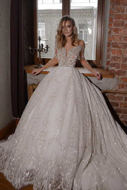 Gentle Pretty Floral Lace White Cap Sleeves Ball Gown Wedding