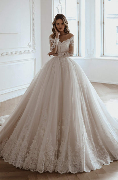 Champagne Wedding Dress, Long Sleeve Wedding Dress, Long Train Wedding  Dress, Lace Wedding Dress, Unique Wedding Dress, Boho Wedding Dress 