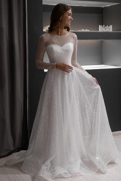 High Neck Lace Ballgown Wedding Dress With Long Sleeves