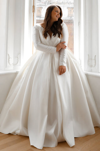 Plus Size Satin Wedding Dress With Lace Sleeves, A Line Satin