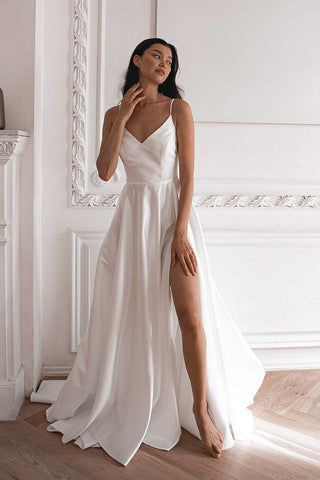Deep V-neck High Low Satin Wedding Bridesmaid Dress With Pockets In Off  White