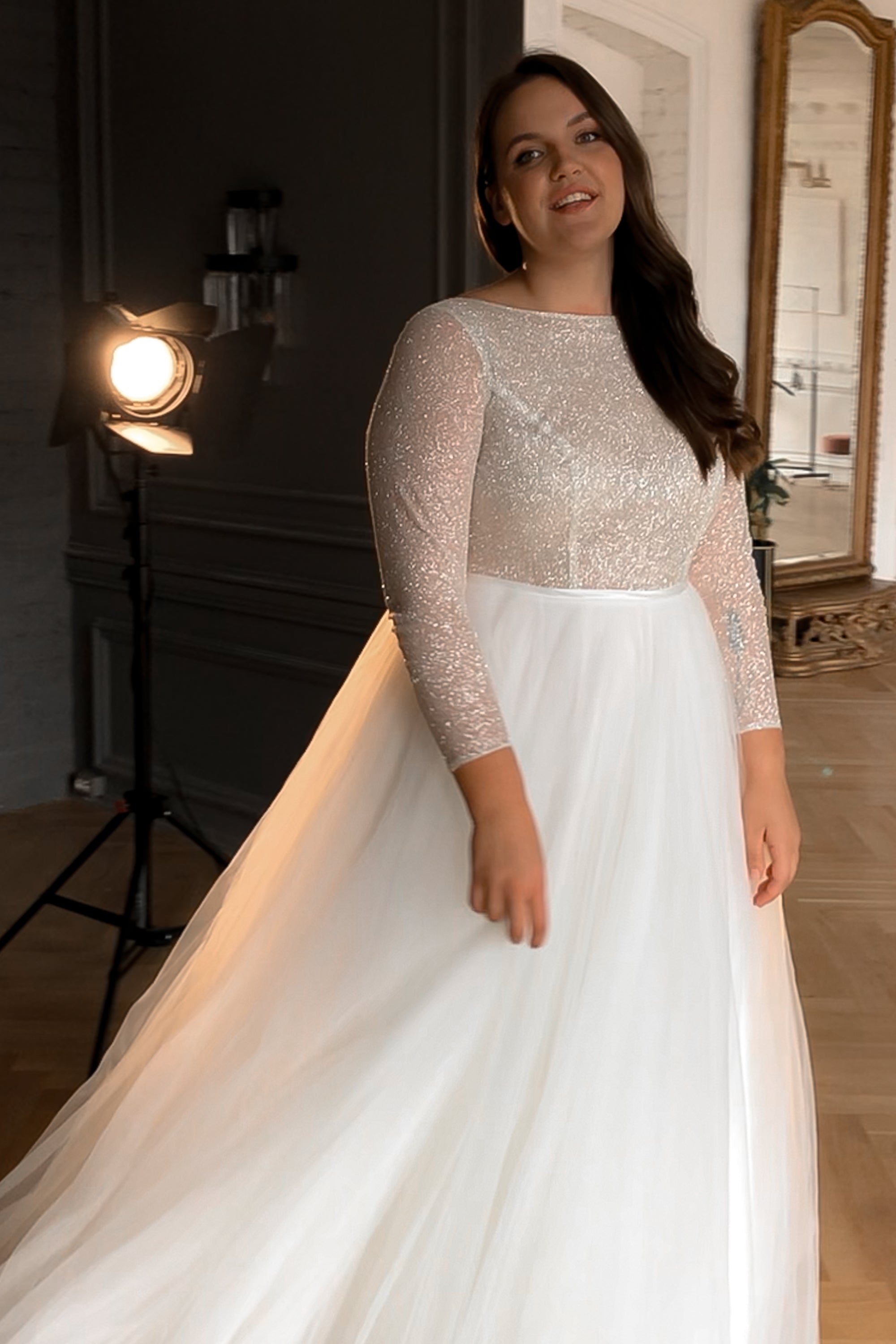 Lace Plus Size Wedding Dress with High Neckline and Long Sleeves