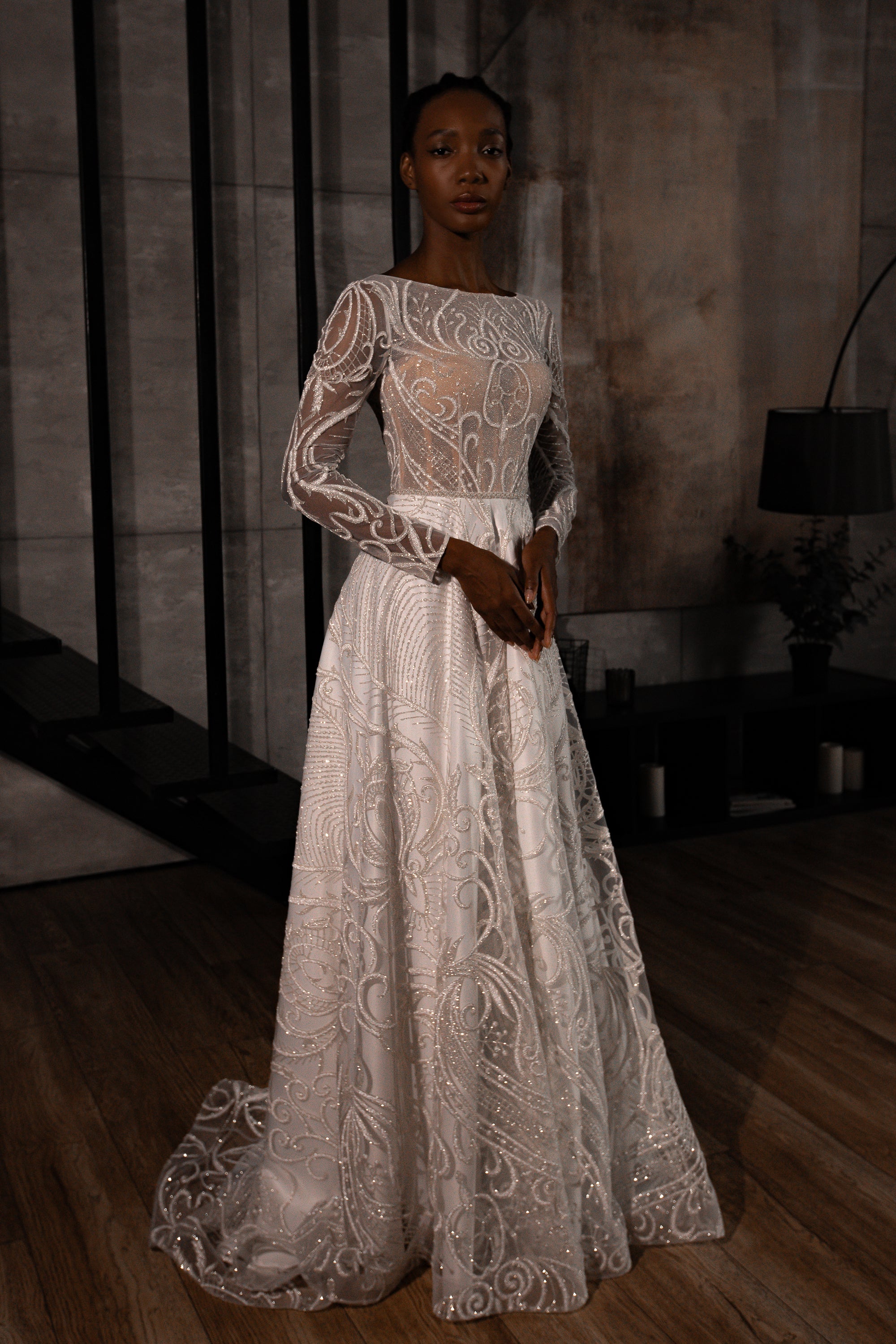 V Neck A Line Lace Long Sleeves Wedding Dress BWD052