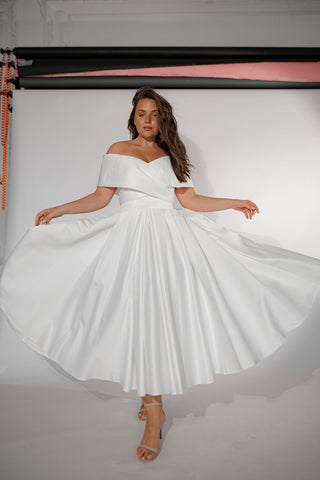 Light ivory Satin Midi Wedding Dress Cameron - Olivia Bottega