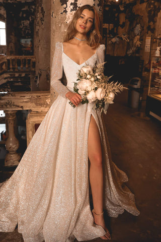 Fashion Long Sleeve Lace White Short Wedding Dress Sheer Neck