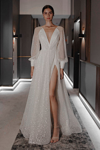 Sparkly Wedding Dress Ella With High Leg Slit - Olivia Bottega