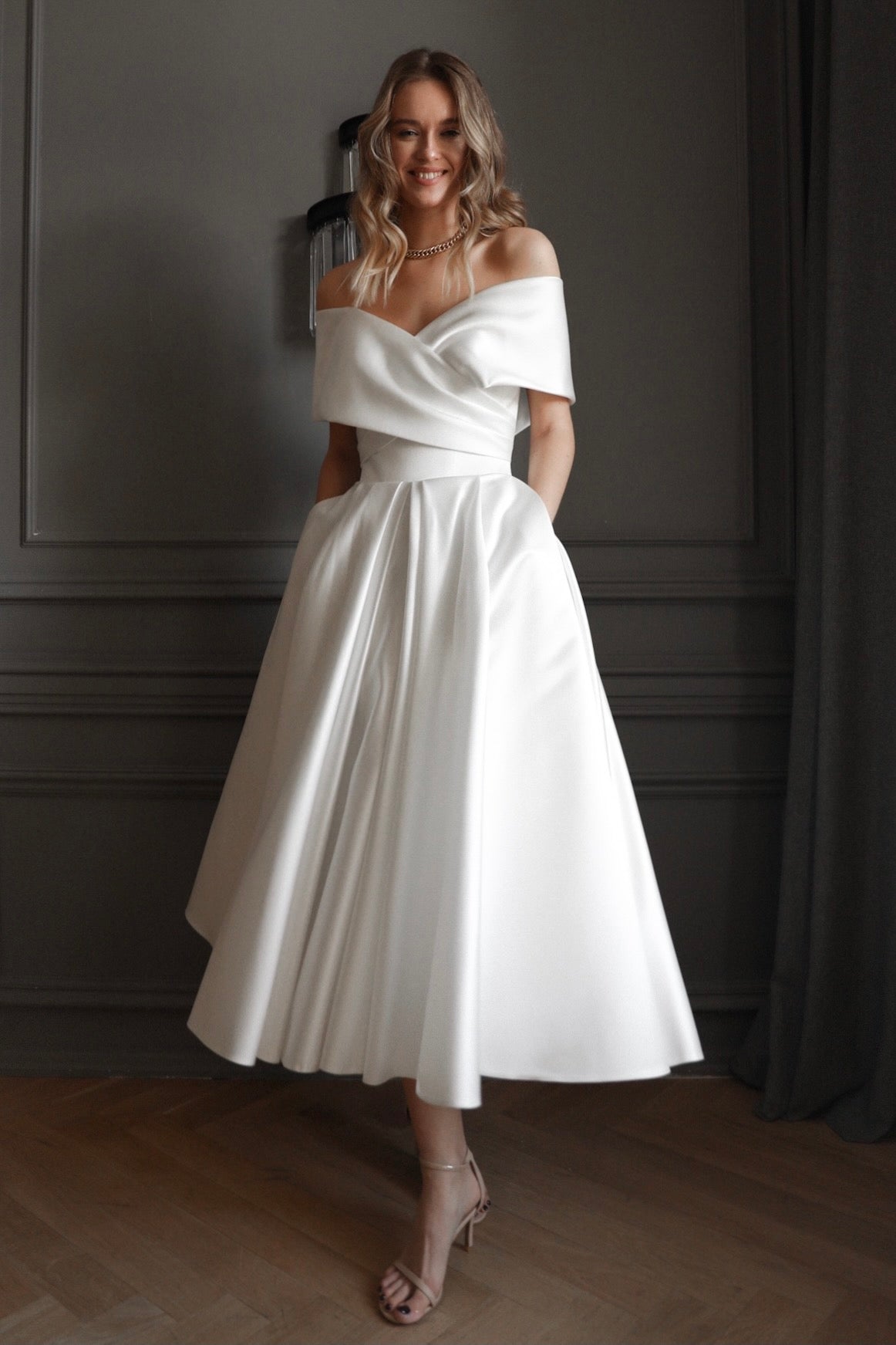 Deep V-Neck Simple Satin Wedding Dresses A Line High Split Elegant Bri –  TANYA BRIDAL