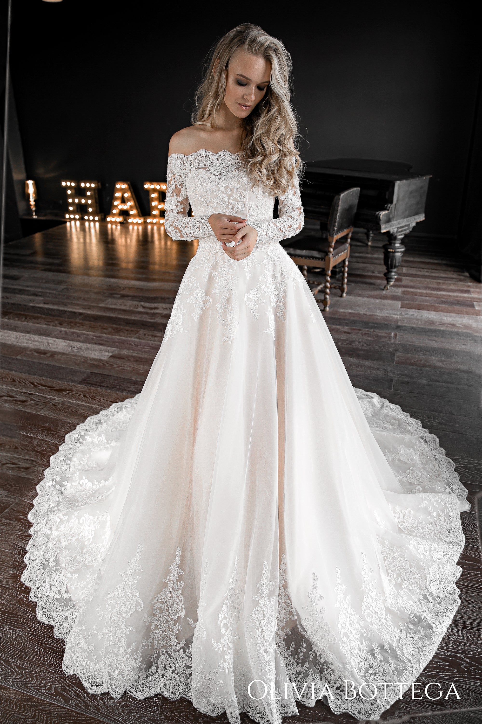 Off-the-Shoulder Crepe Gown With Sheer Corset Bodice