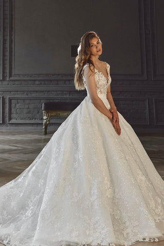 Long-Sleeve Lace Wedding Dress with Detachable Overskirt