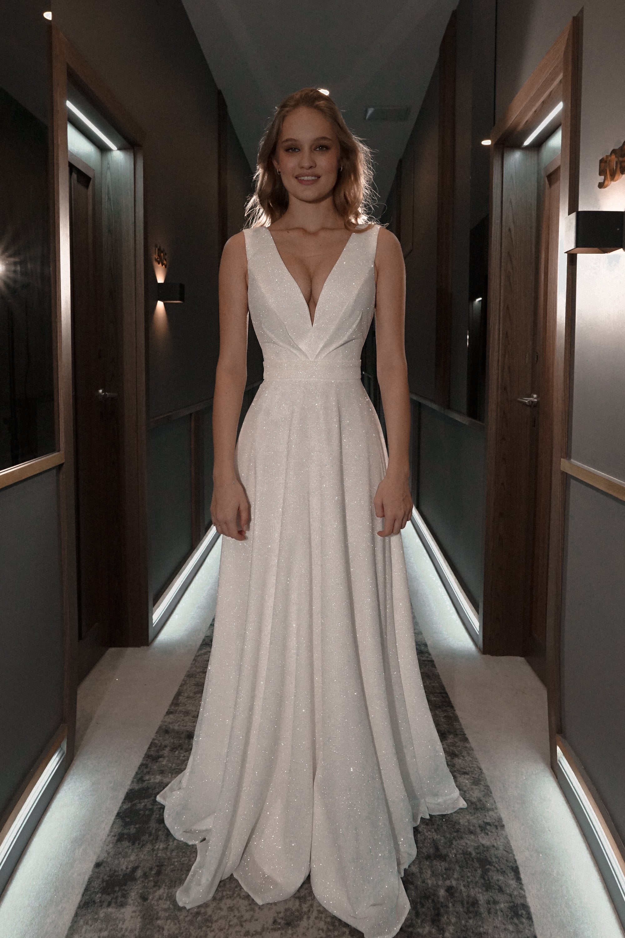 Sleeveless Deep V-neckline Sheath Wedding Dress With Illusion Bodice And  Glitter Skirt With Front Slit