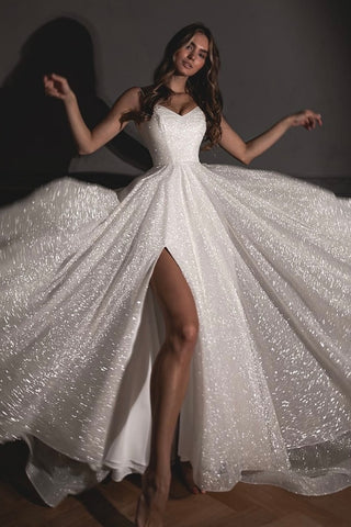 Spaghetti-strap sheath wedding dress with slit on the skirt and