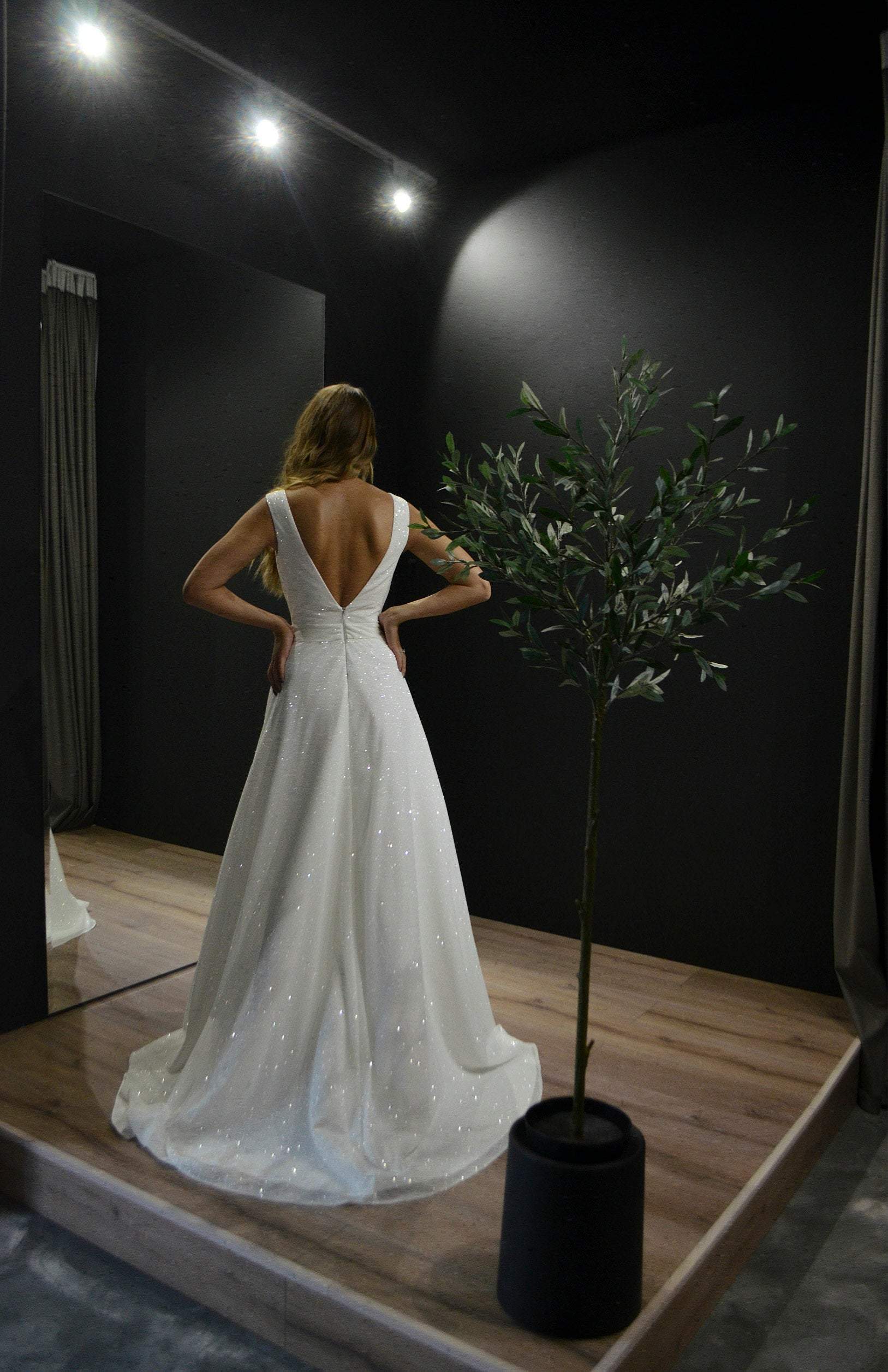 Beautiful Aline Sleeveless V Neck Open Back Minimalist Sparkle Wedding Dress  Bridal Gown Organza -  Canada
