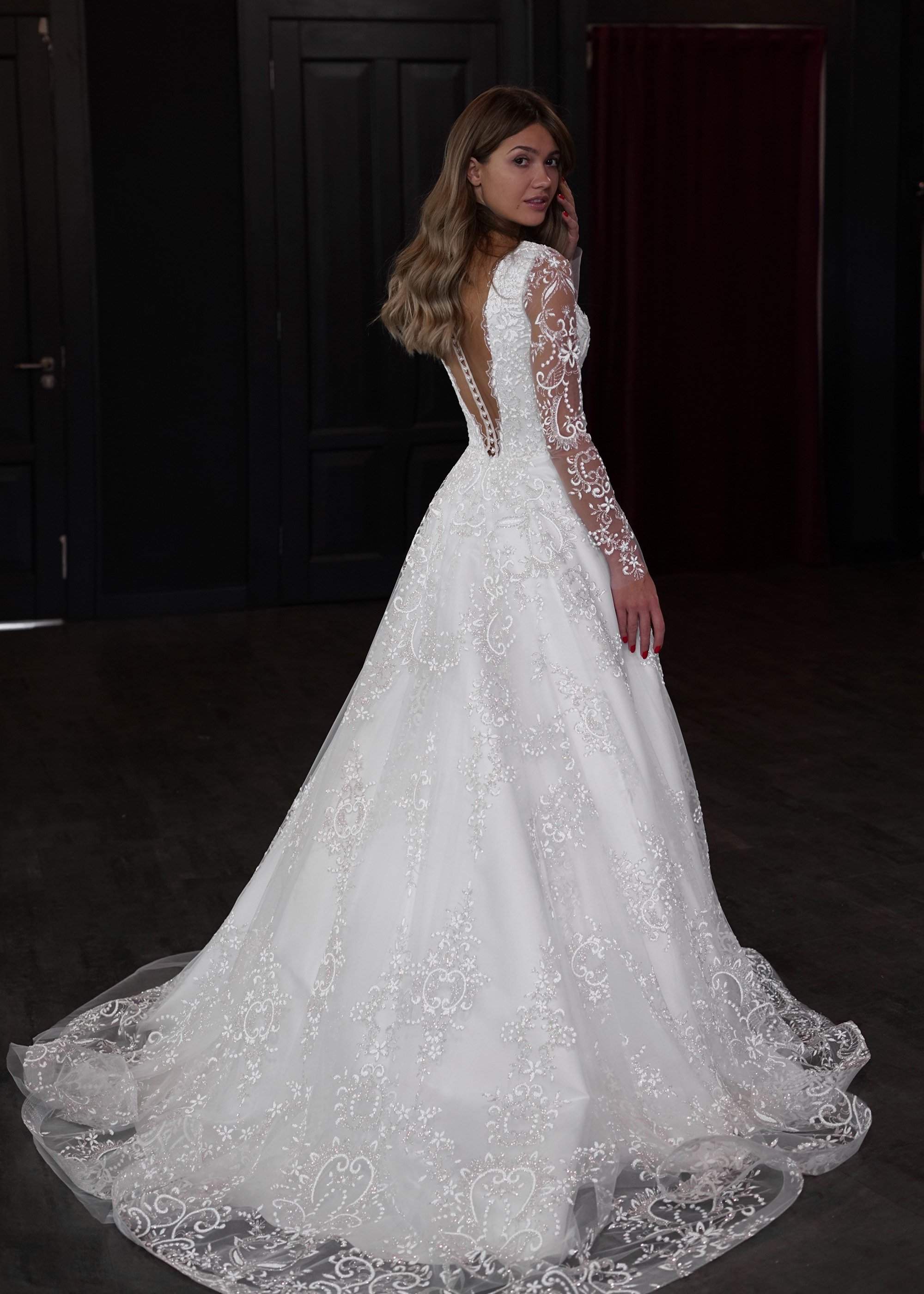 Long Sleeve Shear Neck Lace Wedding Dresses A-Line Corset Button Back  Bridal Gown for Women