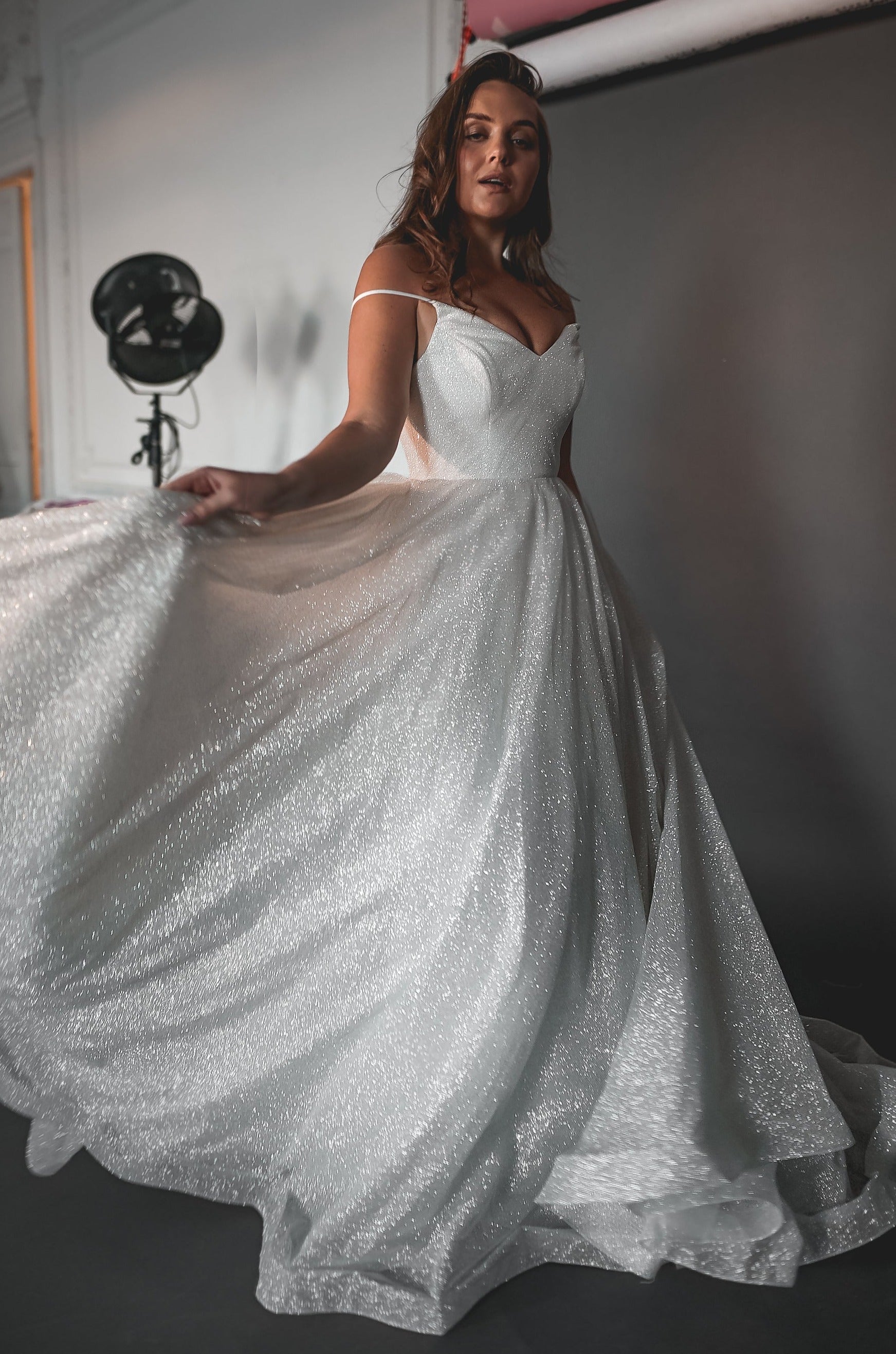Sparkly Fit-and-Flare Plus Size Wedding Dress with Spaghetti Straps