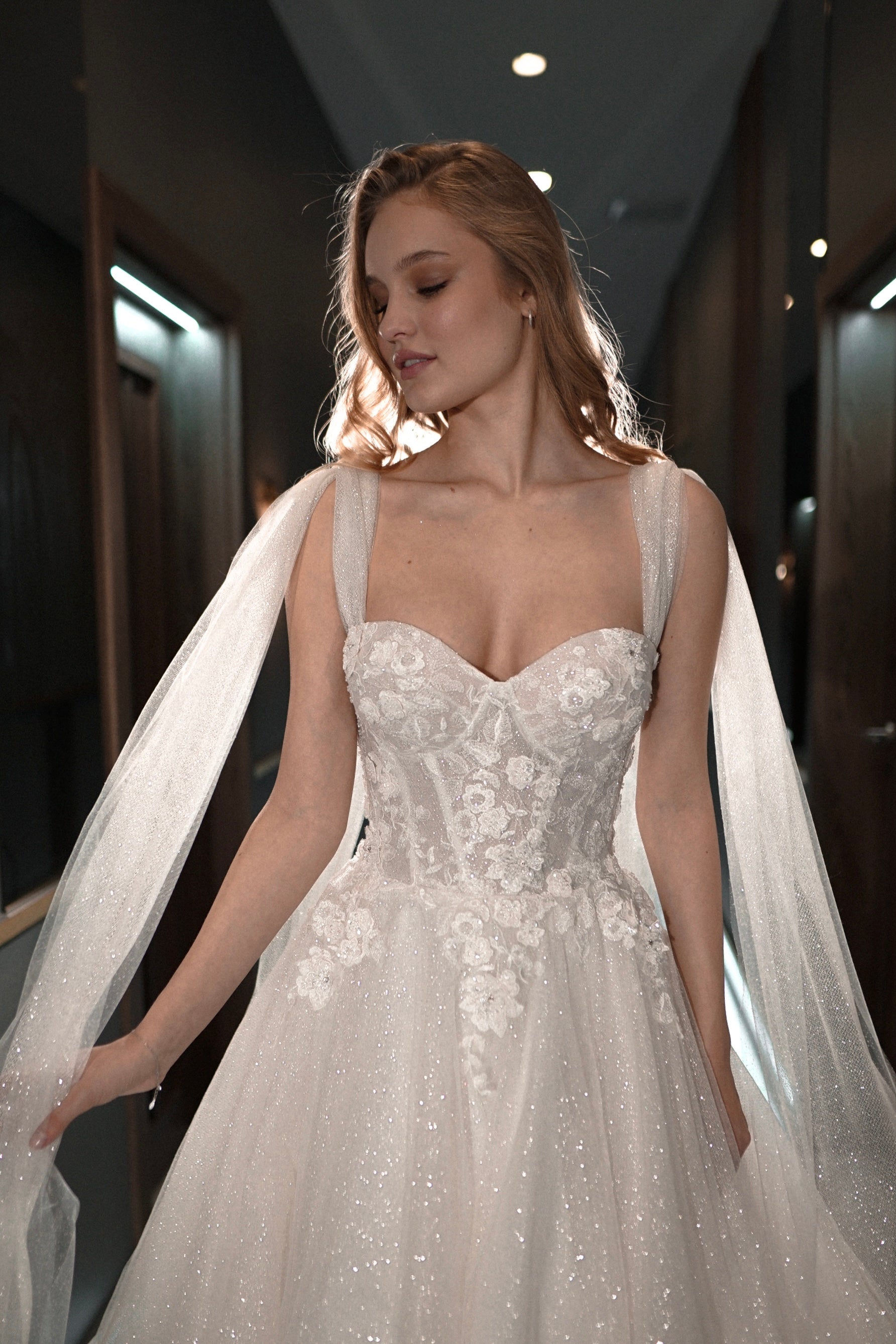 Fit And Flare Floral Lace Wedding Dress With Spaghetti Straps, Square  Neckline And Detatchable Skirt