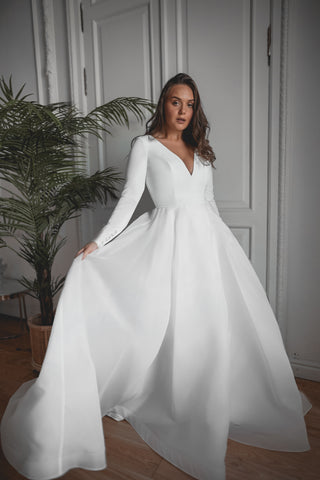 Deep V-neck Long Sleeves White Lace Wedding Dress with Split